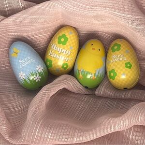 See's Candies Easter Egg Tins Blue & Yellow Chick x2, Yellow & Green Flowers x2